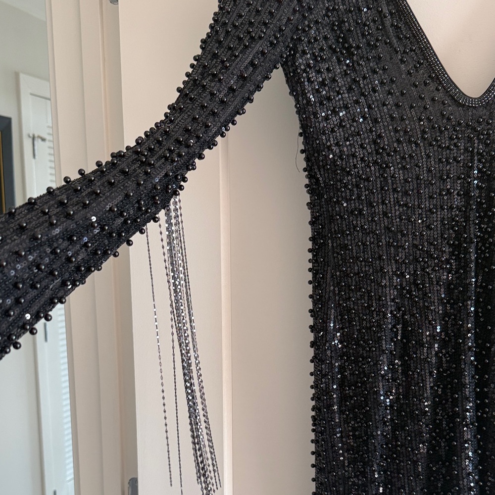 Bella Noir Black Beaded Long Sleeve Dress